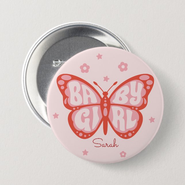 Baby Girl Pink Butterfly Baby Shower Button (Front & Back)