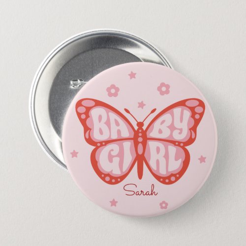 Baby Girl Pink Butterfly Baby Shower Button