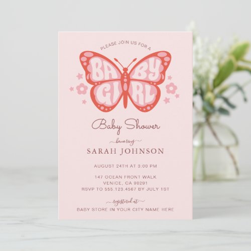 Baby Girl Pink Butterfly Baby Shower Invitation