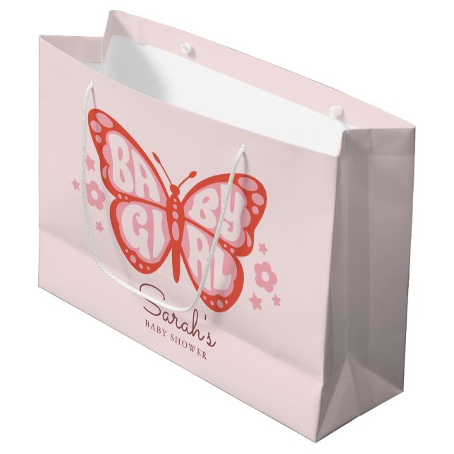 Baby Girl Pink Butterfly Baby Shower  Large Gift Bag (Front Angled)
