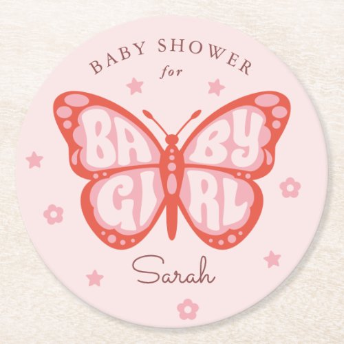 Baby Girl Pink Butterfly Baby Shower Round Paper Coaster