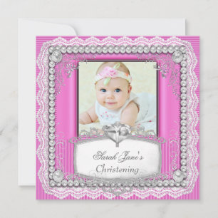 Baby Girl Pink Christening Baptism Cross Lace Invitation