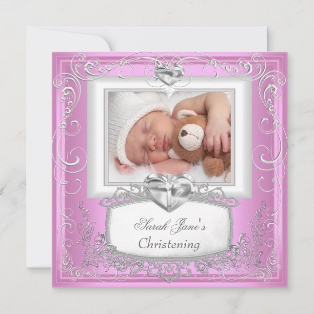Baby Girl Pink Christening Baptism Cross White Announcement (Front)
