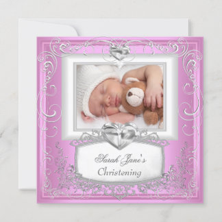 Baby Girl Pink Christening Baptism Cross White Announcement