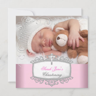 Baby Girl Pink Christening Baptism Cross White Announcement