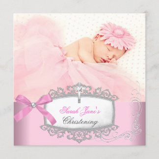 Baby Girl Pink Christening Baptism Cross White Announcement
