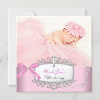 Baby Girl Pink Christening Baptism Cross White Announcement