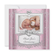 Baby Girl Pink Christening Baptism Cross White Custom Invites