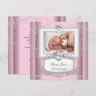 Baby Girl Pink Christening Baptism Cross White Invitation
