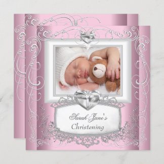 Baby Girl Pink Christening Baptism Cross White Invitation