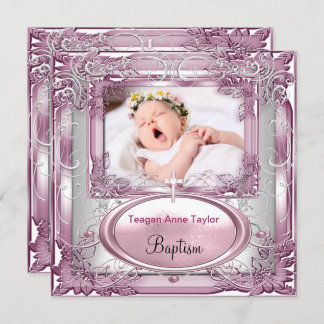 Baby Girl Pink Christening Baptism Cross White Invitation