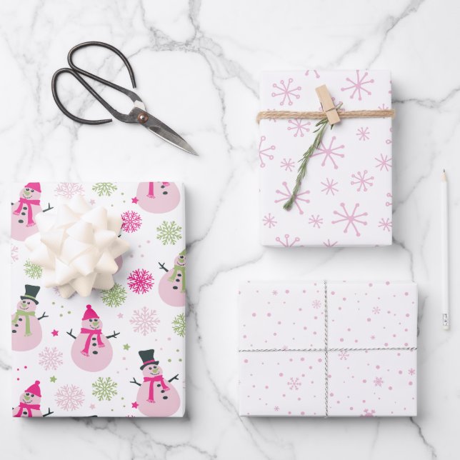 Baby Girl Pink Christmas Snowmen and Snowflakes Wrapping Paper Sheets (Front)