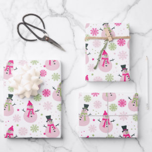 Baby Girl Pink Christmas Snowmen and Snowflakes Wrapping Paper Sheets