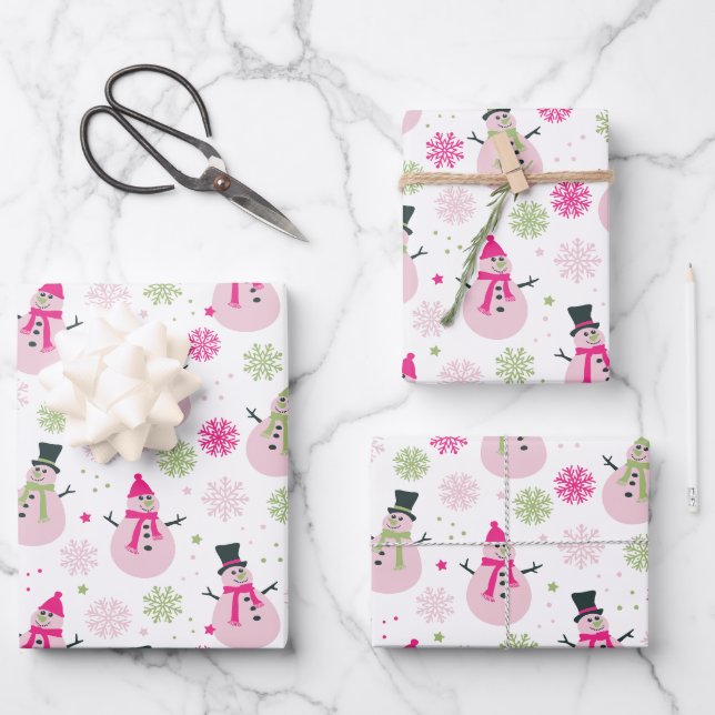 Baby Girl Pink Christmas Snowmen and Snowflakes Wrapping Paper Sheets (Front)