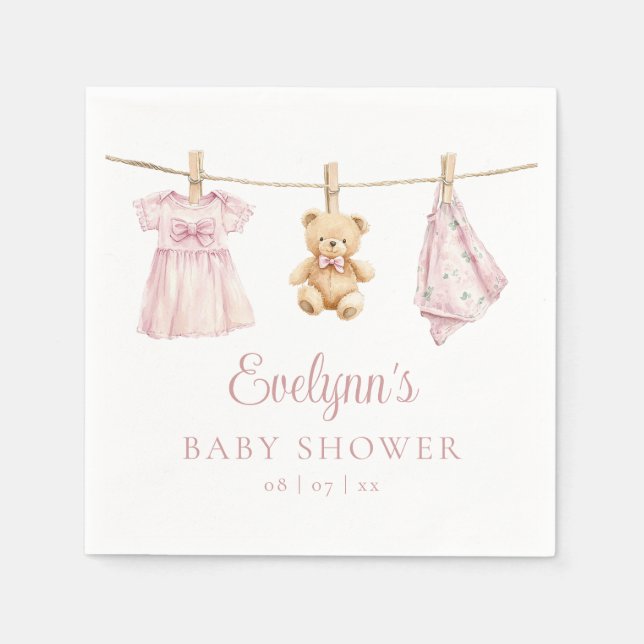 Baby Girl Pink Clothesline Baby Shower Napkins (Front)