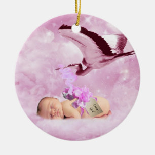 Baby girl pink clouds and stork christmas ceramic ornament