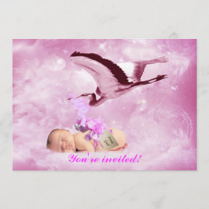 Baby girl pink clouds and stork shower invitation
