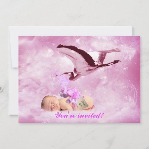 Baby girl pink clouds and stork shower invitation