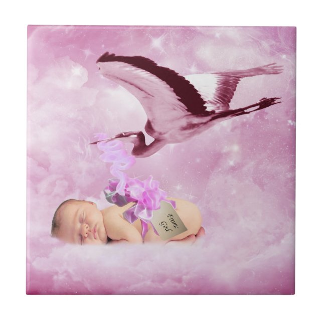 Baby girl pink clouds and stork tile (Front)