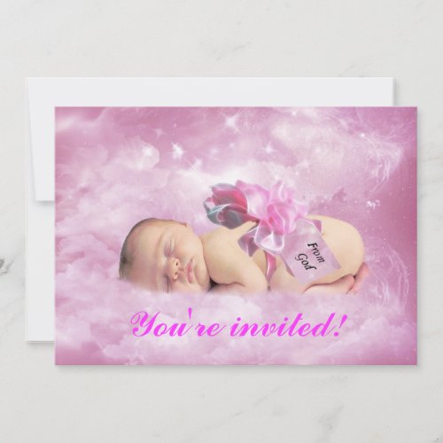 Baby girl pink clouds fantasy shower invitation