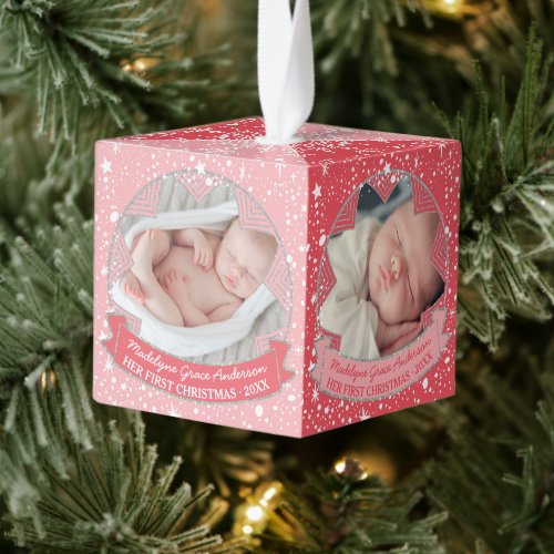 Baby Girl Pink Custom Christmas Holiday Milestones Cube Ornament