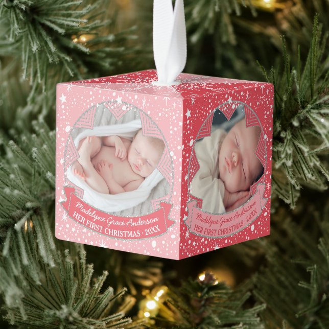 Baby Girl Pink Custom Christmas Holiday Milestones Cube Ornament (Tree)