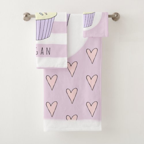 Baby Girl Pink Doodle Cupcake Heart Pattern Name Bath Towel Set