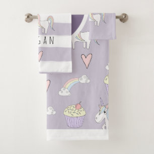 Baby Girl Pink Doodle Unicorn Rainbow Pattern Name Bath Towel Set