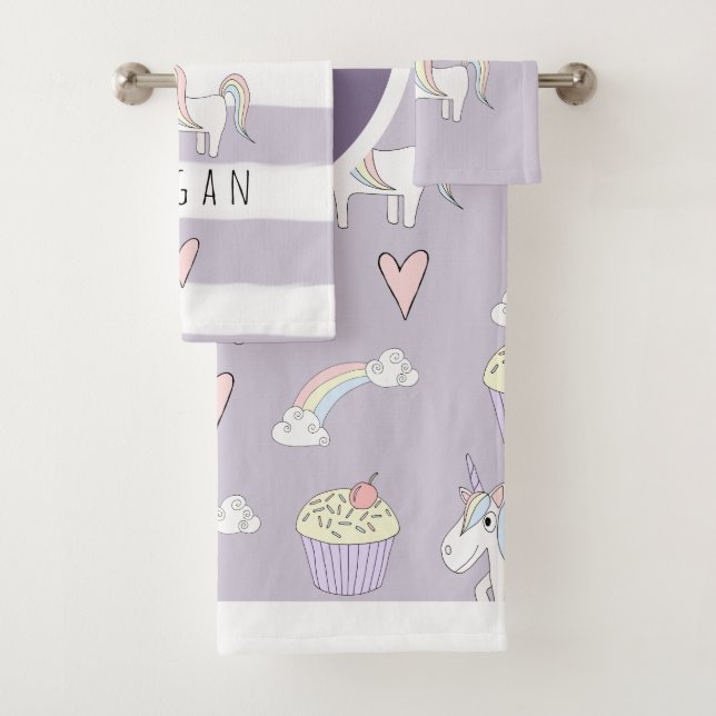 Baby Girl Pink Doodle Unicorn Rainbow Pattern Name Bath Towel Set (Insitu)