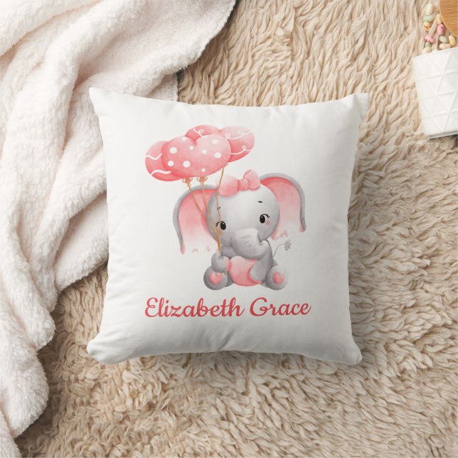 Baby Girl Pink Elephant Balloon Monogram Nursery Throw Pillow (Blanket)