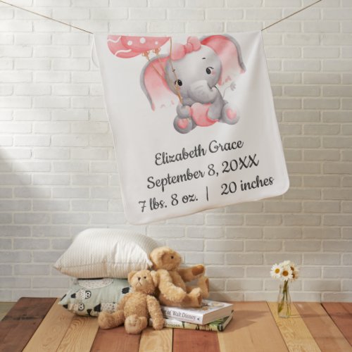 Baby Girl Pink Elephant Balloons Birth Stats Baby Blanket