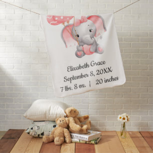 Baby Girl Pink Elephant Balloons Birth Stats Blanket