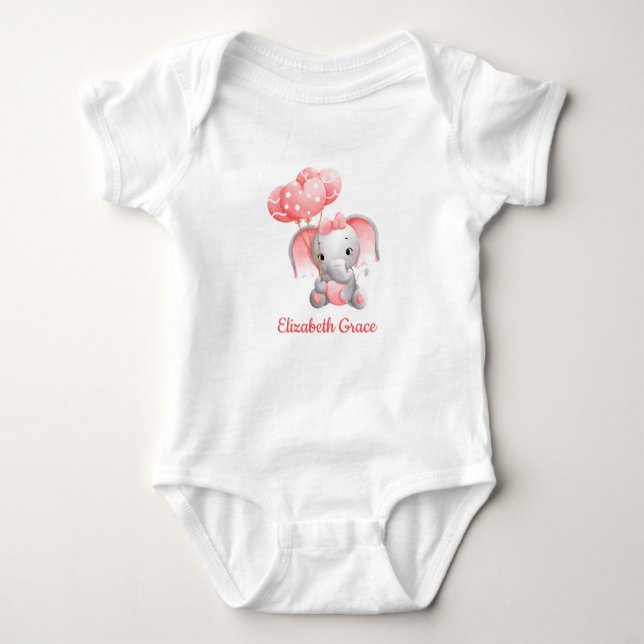 Baby Girl Pink Elephant Balloons Personalized  Baby Bodysuit (Front)