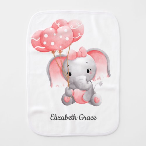 Baby Girl Pink Elephant Balloons Personalized Baby Burp Cloth