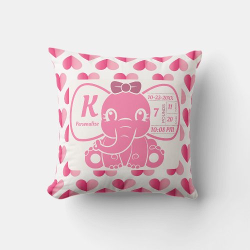 Baby Girl Pink Elephant Birth Stats Hearts Throw Pillow