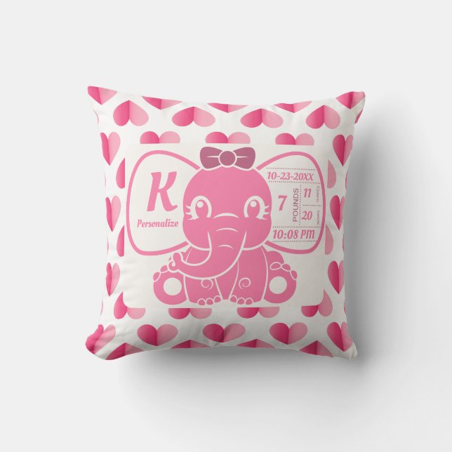Baby Girl Pink Elephant Birth Stats Hearts Throw Pillow (Front)