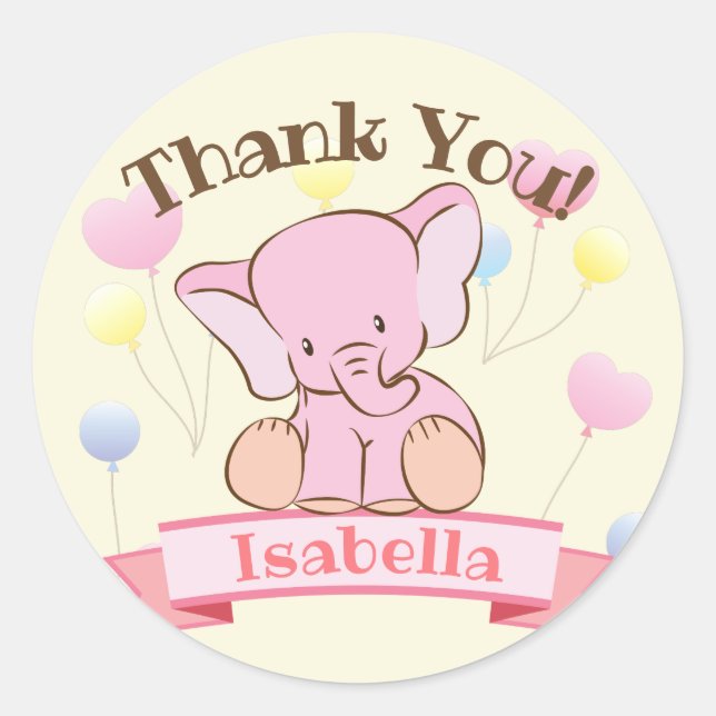 Baby Girl Pink Elephant Thank You Classic Round Sticker (Front)