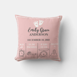 Baby Girl Pink Feet New Born Birth Announcement Throw Pillow