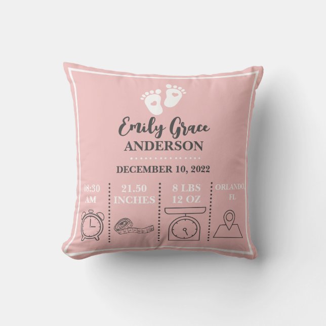 Baby Girl Pink Feet New Born Birth Announcement Throw Pillow (Front)