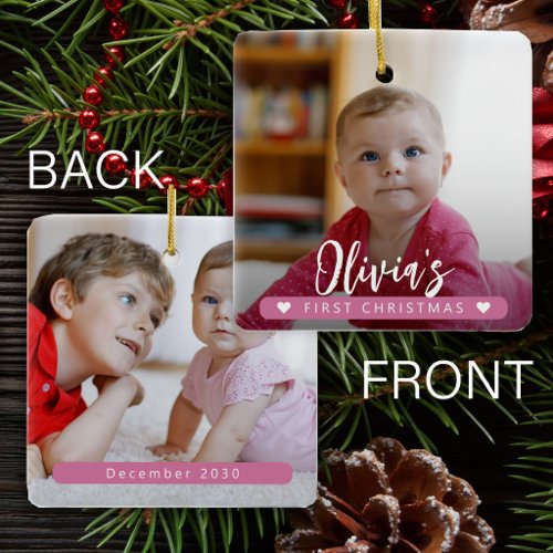 Baby girl pink First Christmas 2 photo Ceramic Ornament