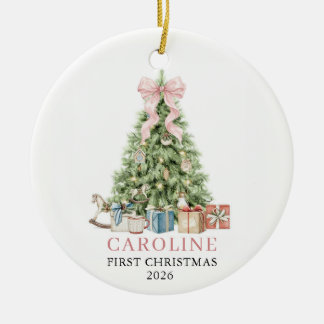Baby Girl Pink First Christmas Bow Photo Ceramic Ornament