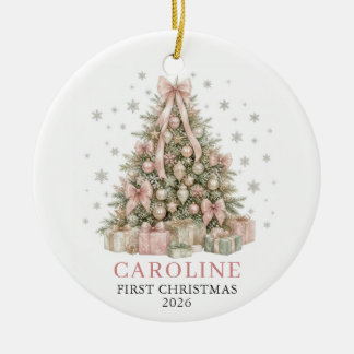 Baby Girl Pink First Christmas Bow Photo Ceramic Ornament