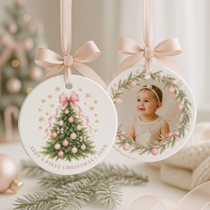 Baby Girl Pink First Christmas Photo Ceramic Ornament