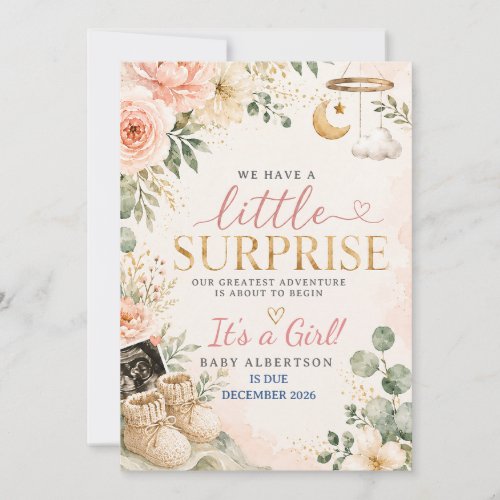 Baby Girl Pink Floral Boho Pregnancy Annoucement Invitation