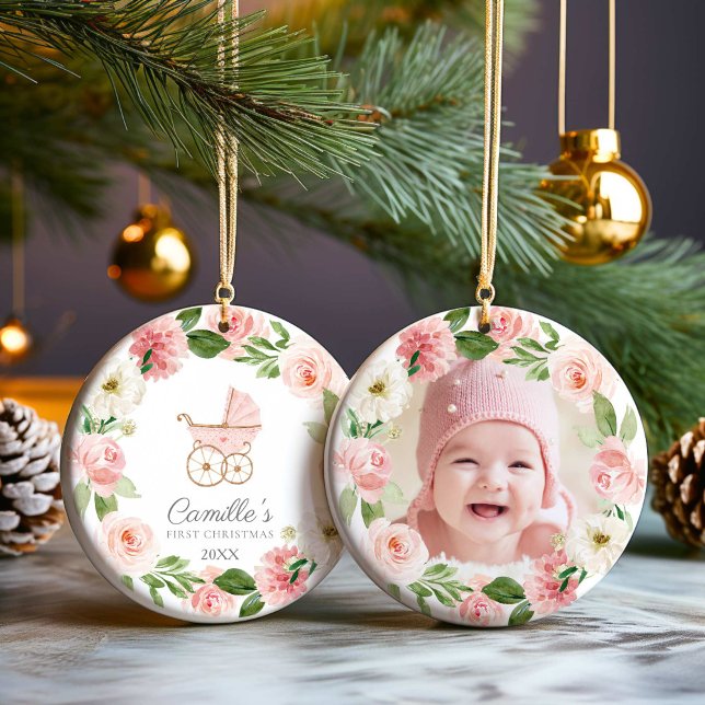 Baby Girl Pink Floral First Christmas Photo Ceramic Ornament (Girl First Christmas Pink Floral Photo Ornament)