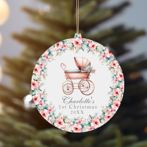 Baby Girl Pink Floral First Christmas Stroller Ceramic Ornament