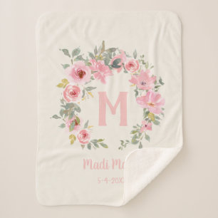 Baby Girl Pink Floral Sage Green Leaves Monogram Sherpa Blanket