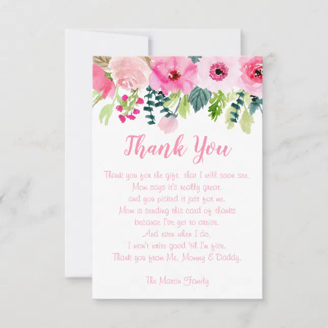 Baby Girl Pink Floral Shower Thank You Card 