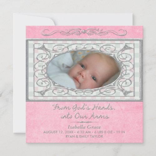 Baby Girl Pink Gingham Christian Photo Birth Announcement