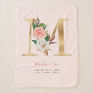 Baby Girl pink & gold birth stats - Letter M - Sherpa Blanket
